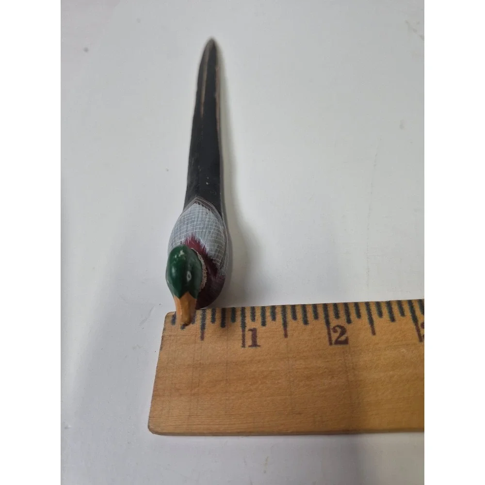 Vintage Hand Painted Wooden Mallard Duck Letter Opener Rustic Desk Accessory 7.5